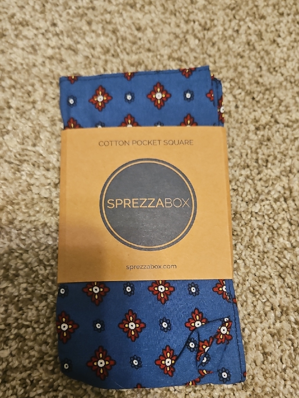 Blue Sprezzabox Cotton Pocket Square With Red Geometric Pattern NWT